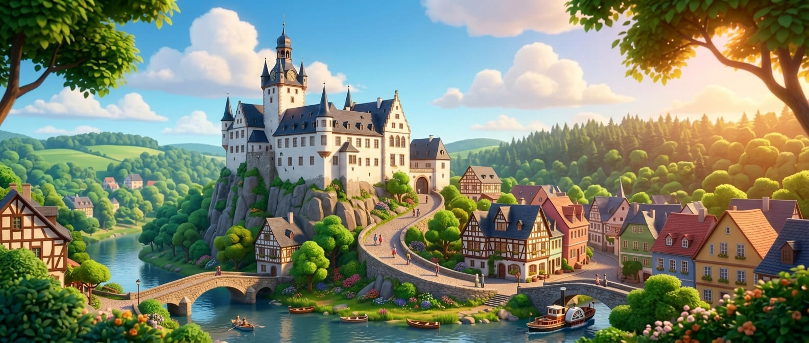 Blick auf Diez an der Lahn, im Pixar-Animationsstil illustriert