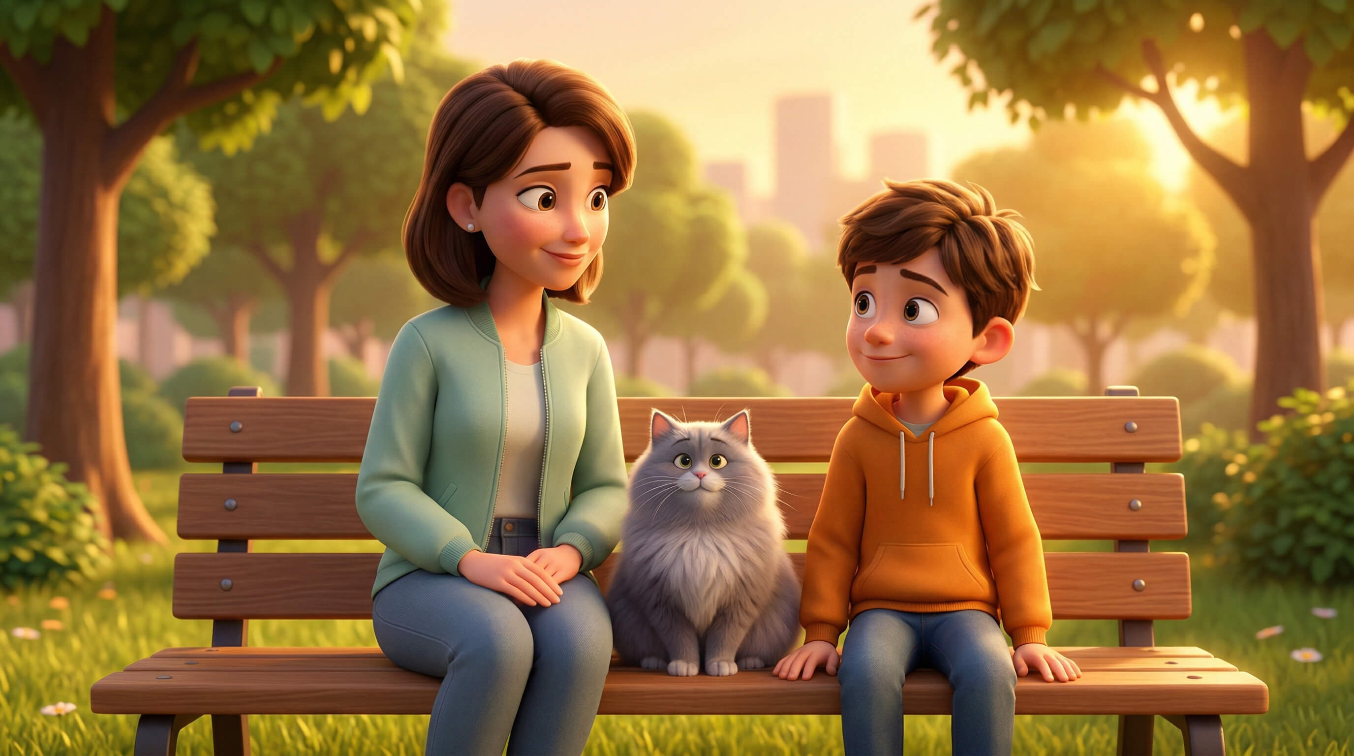 Kristina, Sam und Katze Minou — eine Familie sucht ein Zuhause in Diez, im Pixar-Animationsstil illustriert