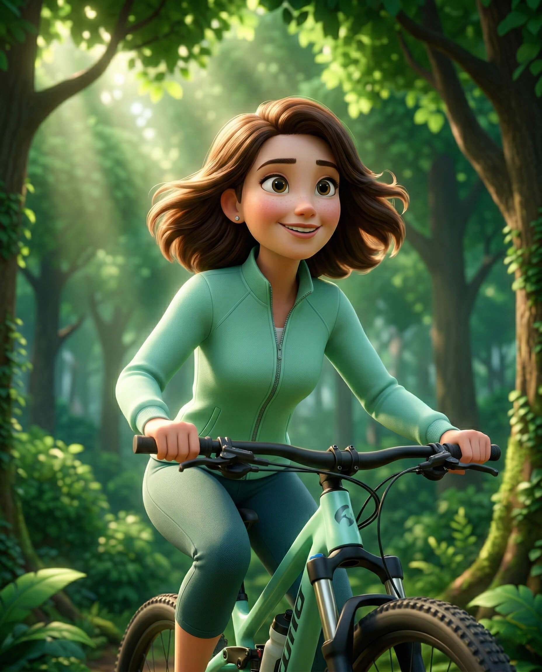 Kristina auf dem Mountainbike in der Natur, im Pixar-Animationsstil