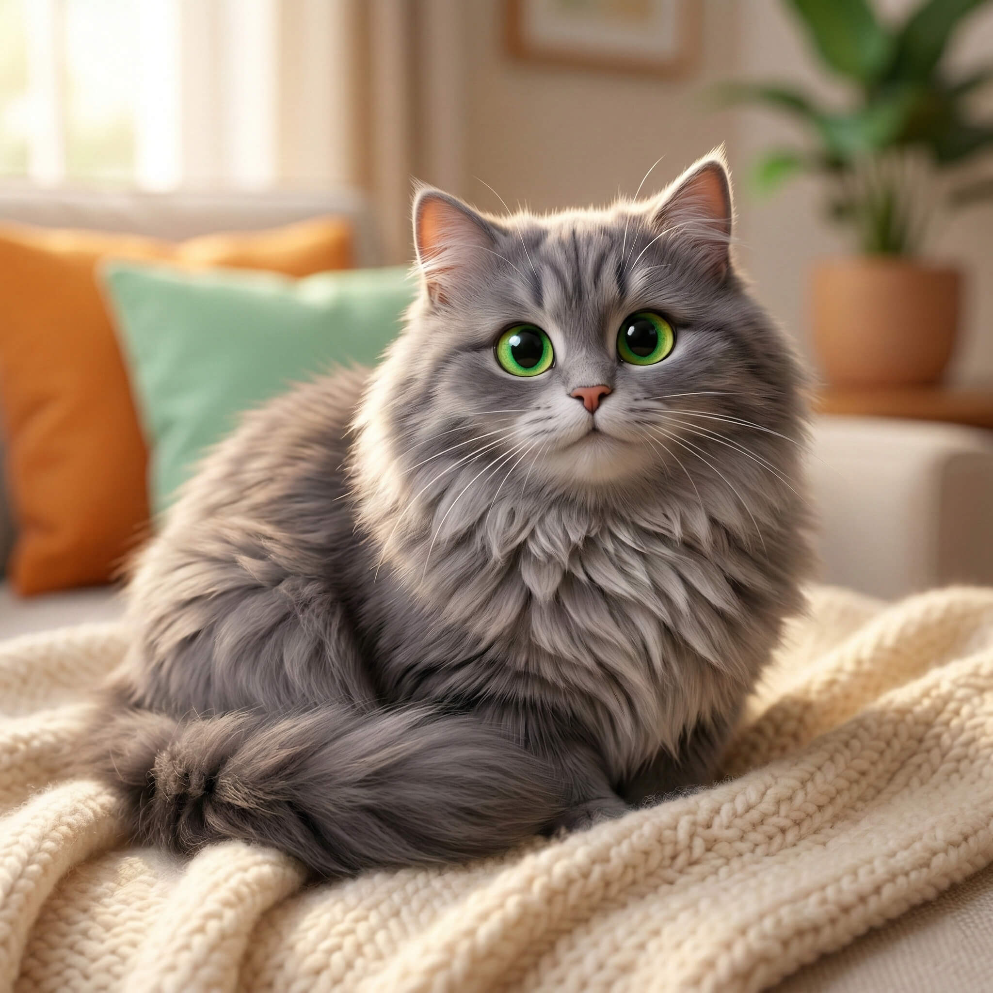 Minou, eine graue Katze auf einem gemütlichen Sofa, im Pixar-Animationsstil